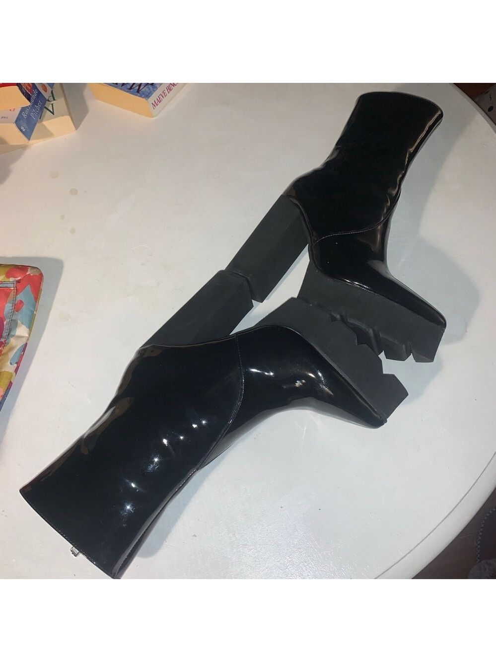 Women's Unbranded Black Patent Lace Trim Heeled Boots Size 7 - Picture 14 of 14